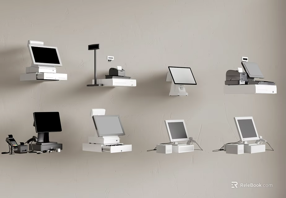 Different Types Of Modern Cash Register Devices With Screens And Scanners 3d model 