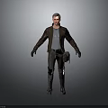 Man Wearing Brown Leather Jacket Gray T-Shirt Dark Pants Waist Bag Black Gloves Gray Background
