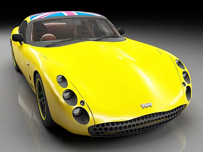 TVR Yellow Sports Car With Union Jack Roof And Front Round Headlights Honeycomb Grille 3d model