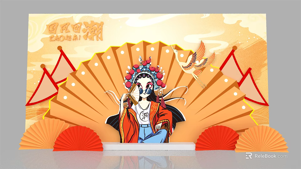 Traditional Peking Opera Character Art with Decorative Fan Red Elements and Flying Crane 3d model 