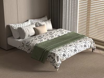 Double Bed with White and Beige Pillows Patterned Bedspread Green Blanket Wooden Headboard and Curtains 3d model