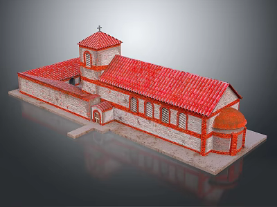 Traditional Style Residential Building With Red Roof Arched Windows Stone Walls And Tower 3d model