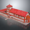 Traditional Style Residential Building With Red Roof Arched Windows Stone Walls And Tower
