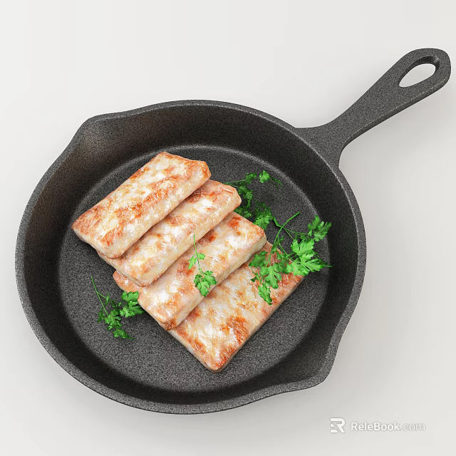 Pan Fried Meat Rolls in Black Cast Iron Skillet with Fresh Parsley 3d model 