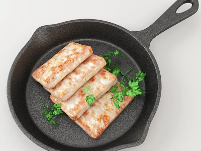 Pan Fried Meat Rolls in Black Cast Iron Skillet with Fresh Parsley 3d model