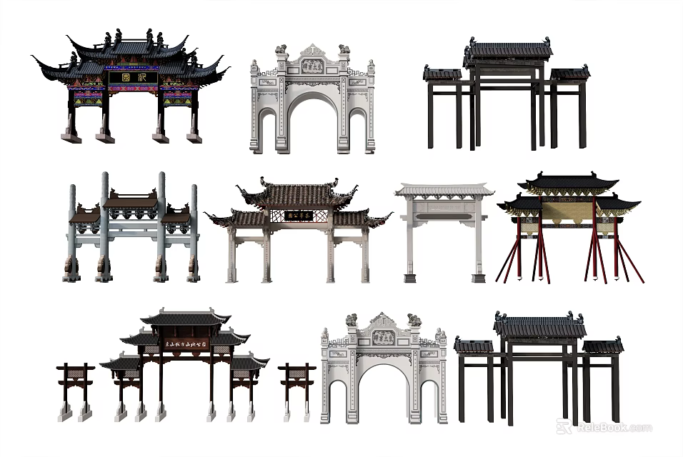 Traditional Chinese Archways Various Classical Architectural Designs With Ornate Roofs And Carvings 3d model 