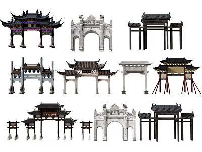 Traditional Chinese Archways Various Classical Architectural Designs With Ornate Roofs And Carvings 3d model