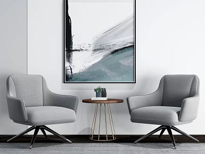 Leisure Sofa Set Gray Chairs With Small Round Table Potted Plant Against Abstract Wall Art 3d model