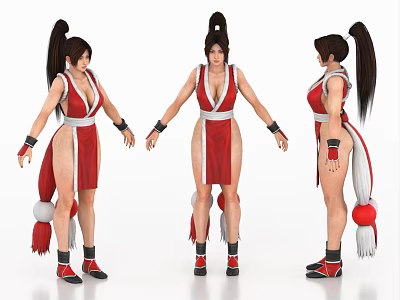 Female martial arts game movie character in red white costume with high ponytail 3d model