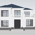Two Story Detached Villa With White Exterior Dark Roof Large Windows And Balcony