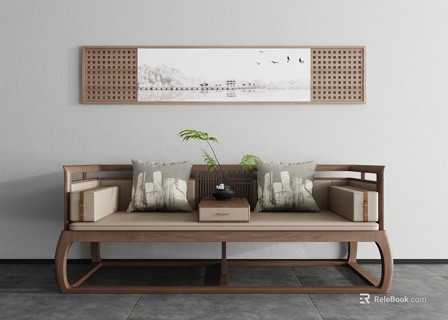 Traditional Chinese Wooden Arhat Bed With Decorative Pillows Wall Art And Green Plant 3d model 