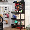 Workshop Tool Storage With Pegboard Hammers Pliers Metal Shelf Power Tools Tire And Wooden Wall