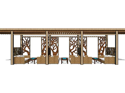 Outdoor Wooden Pergola With Tree Patterned Carvings Seats And Small Tables 3d model