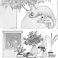 Decorative Ornament Set with Chameleon Figurine Vase Citrus Branch and Metallic Accents