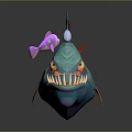 Teal angler fish featuring red fins sharp teeth and bioluminescent lure near purple pink fish