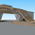 Modern Curved Sculpture Installation Outdoor With Trees Stone Wall And Water Feature