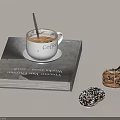 White Coffee Cup With Coffee On Thick Book And Two Chocolate Donuts 3d model
