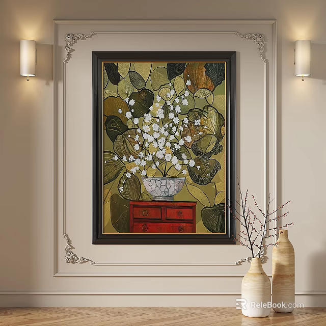Decorative Oil Painting With Green Leaves White Flowers And Red Drawer Cabinet Hanging On Wall 3d model 