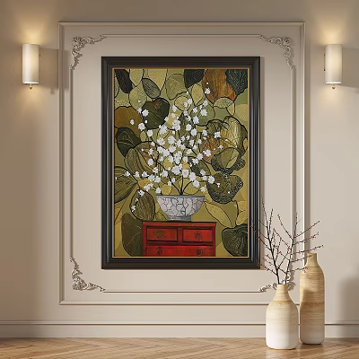 Decorative Oil Painting With Green Leaves White Flowers And Red Drawer Cabinet Hanging On Wall 3d model