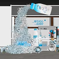 Blue Themed Art Installation With Floating Milk Bottle And Scattered Decorations