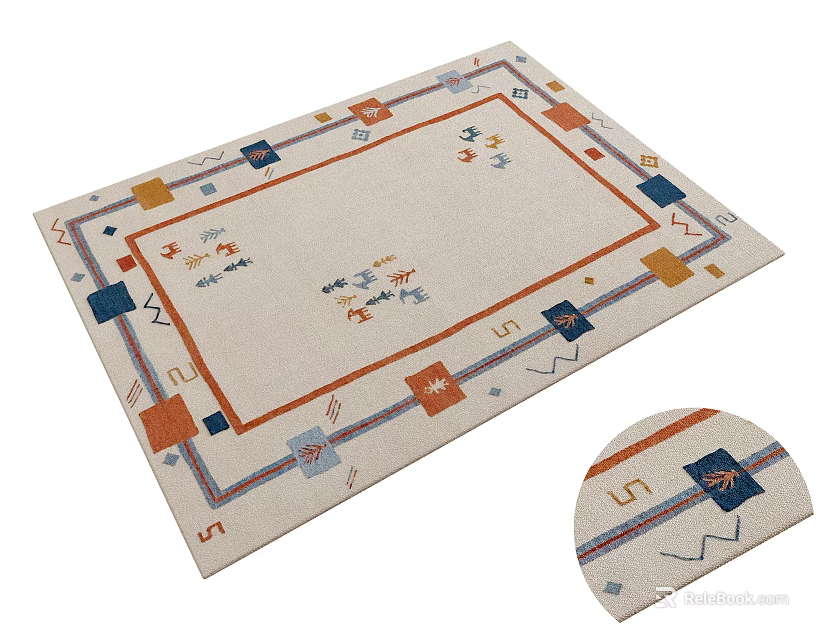 Neutral Beige Square Rug with Geometric Patterns Blue Orange Red Accents and Decorative Lines 3d model 