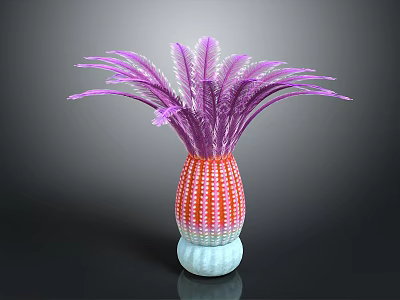 Decorative Ornament Set With Purple Feather Plant And Pineapple Shaped Vase On White Base 3d model