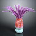 Decorative Ornament Set With Purple Feather Plant And Pineapple Shaped Vase On White Base