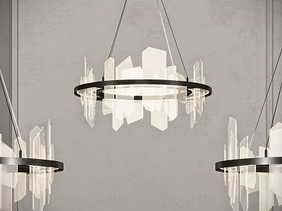 Modern Chandeliers with Circular Metal Frames and Clear Acrylic Drops in Interior 3d model