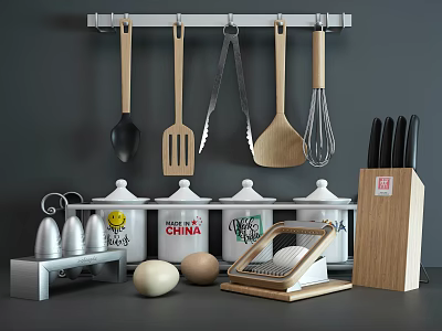 Hanging Kitchen Utensils With Wooden Handles Knife Block Covered Jars Grater And Eggs 3d model