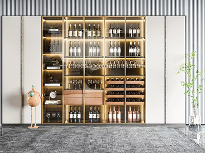 Elegant Modern Wine Cabinet With Glass Doors LED Lighting Wine Bottles And Decorative Plants 3d model