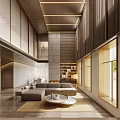 Modern Duplex Living Room With High Ceiling Wooden Panels And Marble TV Backdrop