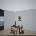Solid Wood Tea Table With Curved Back Chair And Matching Stools In Minimalist Room
