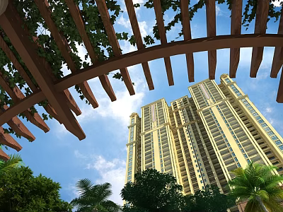 Tall Residential Building Under Wooden Pergola With Vines Blue Sky And Palm Trees 3d model