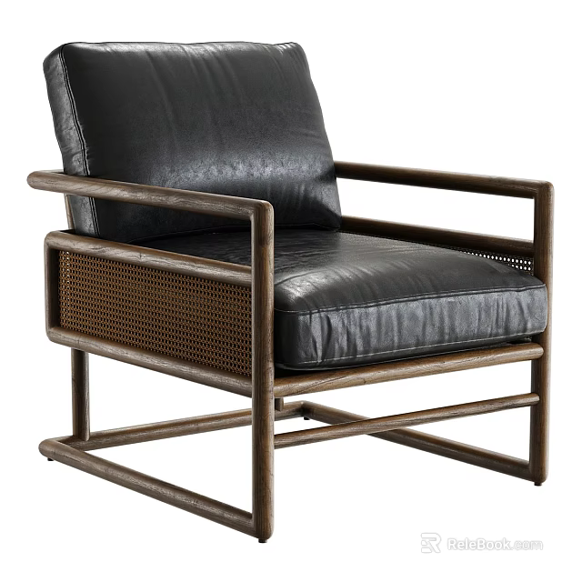 Modern Single Sofa With Black Leather Upholstery Wooden Frame And Rattan Side Panels 3d model 