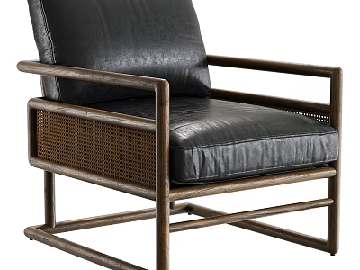 Modern Single Sofa With Black Leather Upholstery Wooden Frame And Rattan Side Panels 3d model