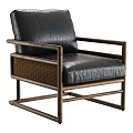 Modern Single Sofa With Black Leather Upholstery Wooden Frame And Rattan Side Panels