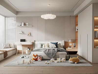 Cozy Modern Kids Room Interior With Bed Stuffed Toys Rug Bookshelf And Chandelier 3d model