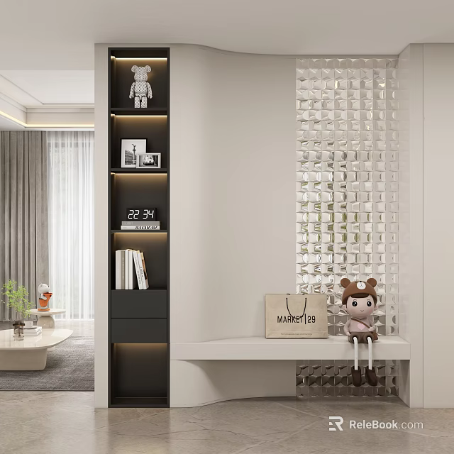 Modern Entryway Hallway Interior Design With White Lattice Partition Display Shelves Clock Doll And Handbag 3d model 