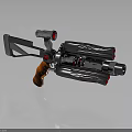 Futuristic Sci Fi Weapon with Silver Metal Body Wooden Grip Red Lights and Multiple Barrels