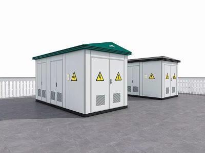 Public Utility Outdoor Substations with Green Roofs White Exteriors and Yellow Warning Signs 3d model