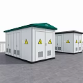 Public Utility Outdoor Substations with Green Roofs White Exteriors and Yellow Warning Signs