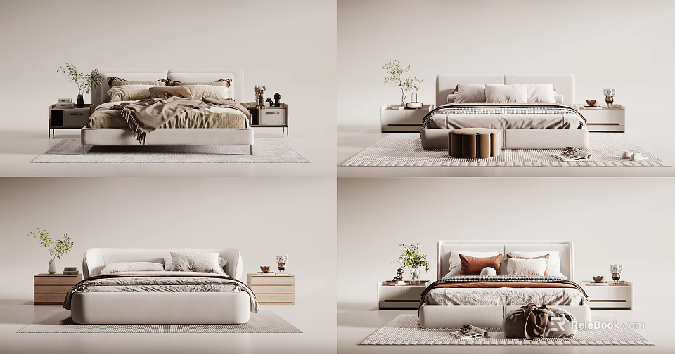 Modern Minimalist Double Bed Bedroom Setup With Soft Headboard Cozy Bedding Bedside Tables And Decorative Plants 3d model 