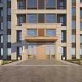 Modern Building Exterior With Entrance Wooden Doors Glass Windows And Light Fixtures