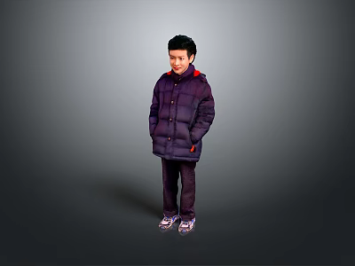 Man Wearing Purple Down Jacket And Purple Pants Standing Against Gray Background 3d model