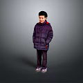 Man Wearing Purple Down Jacket And Purple Pants Standing Against Gray Background