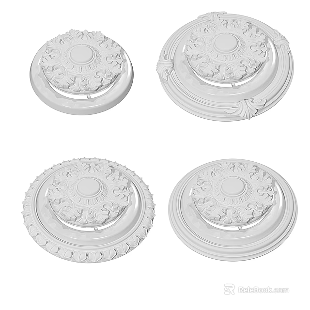 Ornamental White Ceiling Medallions Featuring Intricate Carved Design For Interior Decor 3d model 