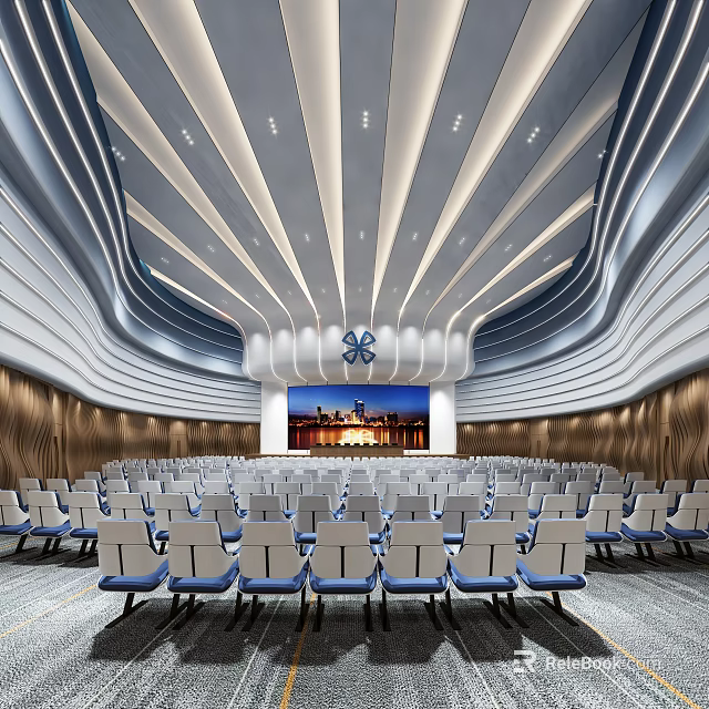 Modern Large Conference Room With Curved Ceiling Wooden Walls Projection Screen And Comfortable Seats 3d model 