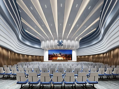 Modern Large Conference Room With Curved Ceiling Wooden Walls Projection Screen And Comfortable Seats 3d model