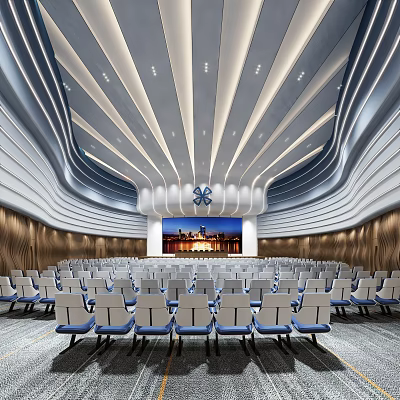 Modern Large Conference Room With Curved Ceiling Wooden Walls Projection Screen And Comfortable Seats 3d model
