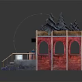 Cartoon Scene Red Brick Building With Arched Windows Roof Pine Trees Staircase And Blue Box